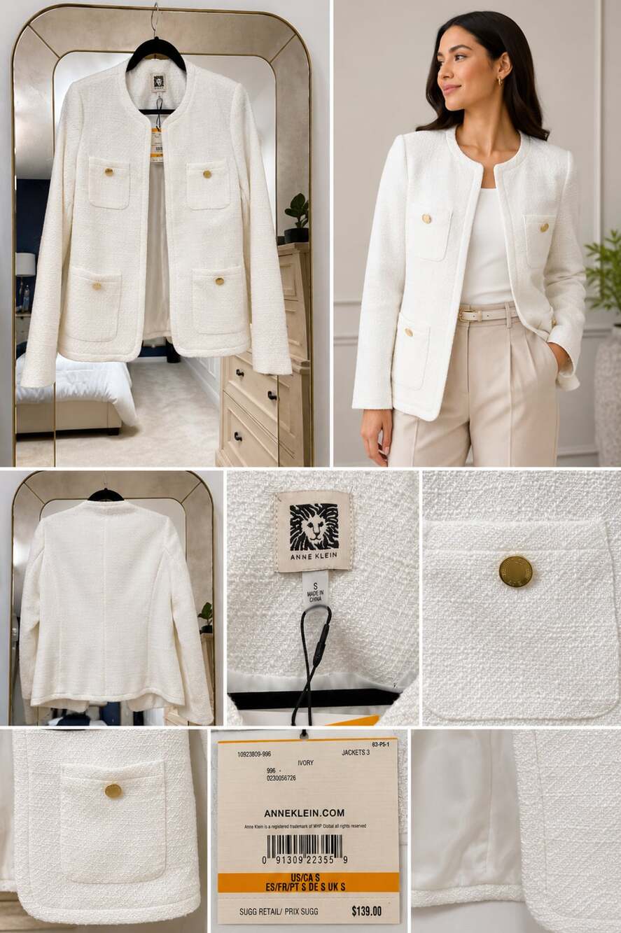 Anne Klein Ivory Bouclé Pocket Blazer Jacket